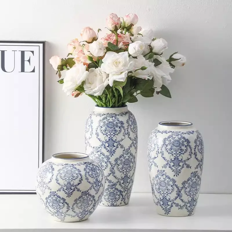 

Blue and white retro ceramic vase decoration, living room flower arrangement, ceramic jar, light luxury decoration