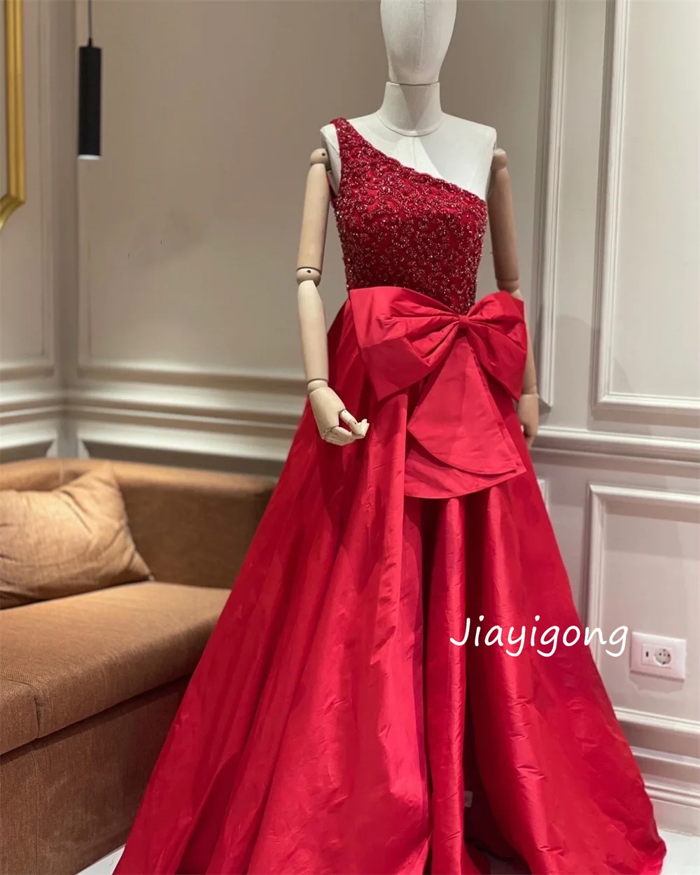 Customized High Quality Sequined Pleat Bow A-line One-shoulder Long Dresses Bespoke Occasion Prom Formal Modern Style