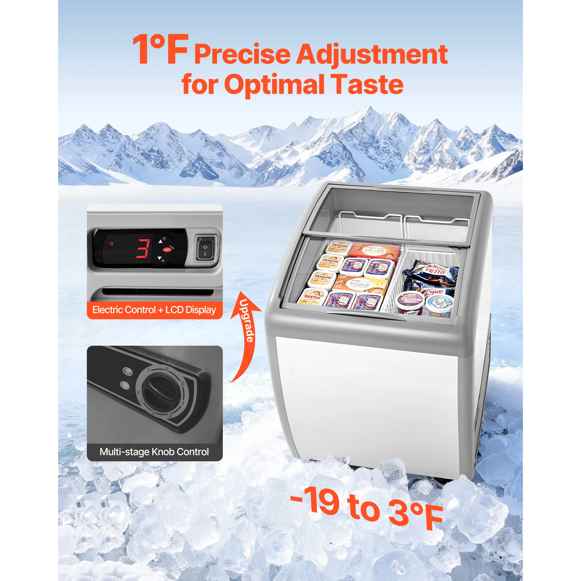 SucceBuy Commercial Ice Cream Display Case 5.4/9.3/12.8/16.3 Cu.ft -19 to 3℉ with 2/3/4/5 Baskets 2 Glass Doors Casters & LED