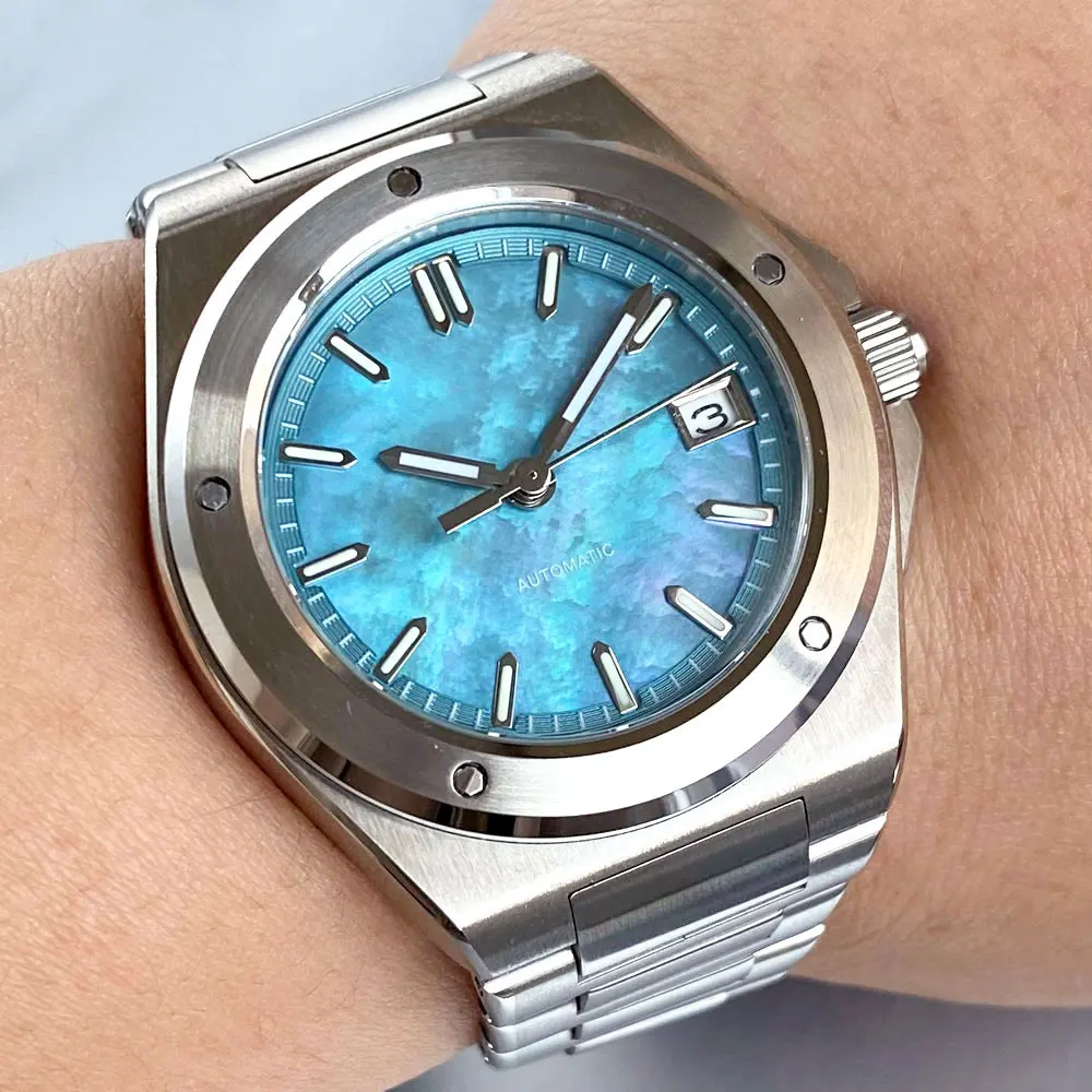 Customized Fashion Mother of Pearl Shell Dial Lume 40mm Sandblasted Case NH35 Mechanical Men Automatic Watch SapphireGlass 10ATM