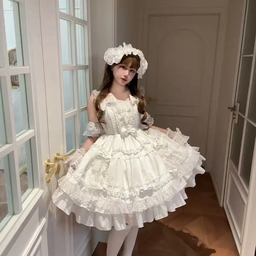 Sweet Lolita Dress Cream White Ruffle Lace Princess JSK Kawaii Bowknot Puffy Party Dress Elegant Victorian Lolita Outfit Set