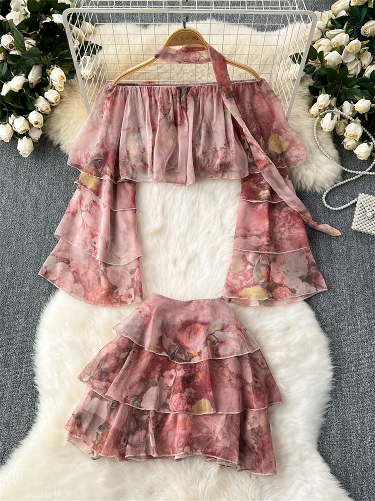 Women Beach Chiffon Two Piece Sets Summer Sexy Off Shoulder Printed Crop Top Ruffled Short Skirt Print Suits Female Boho Ouftifs