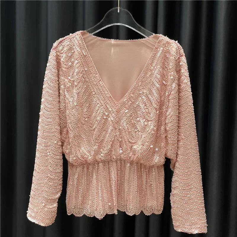 Ladies New Heavy Handmade Bling Beaded Sequins Batwing Sleeve Top Slimming Oversized Blouse Elegant Nightclub Pullover Shirts