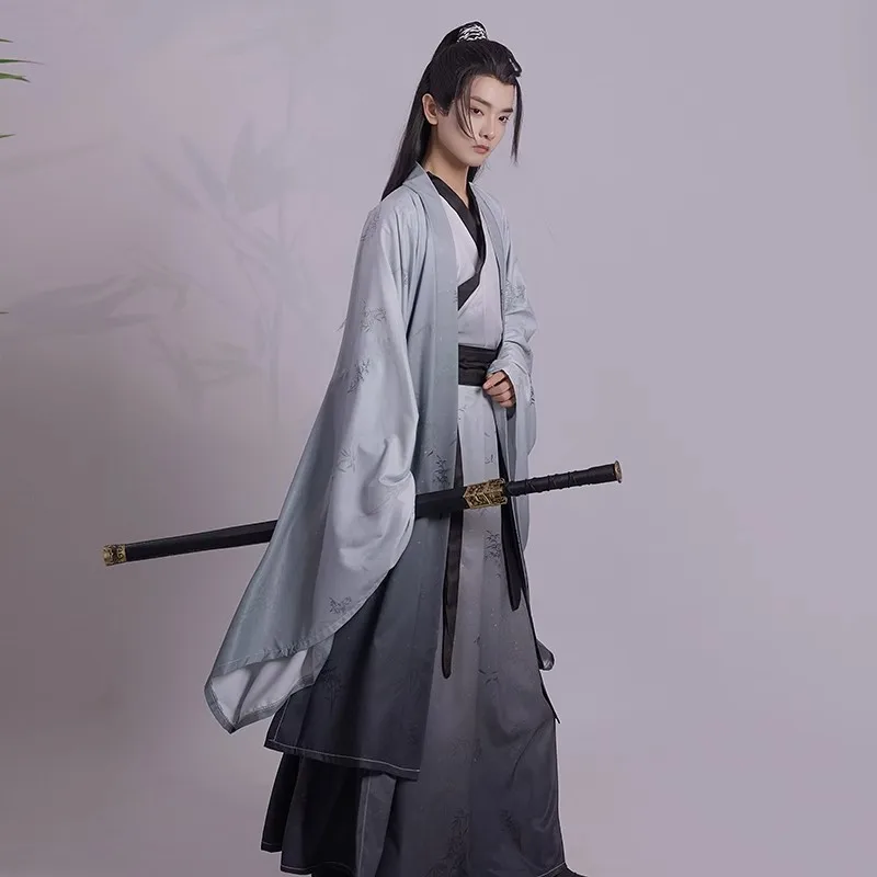 

Chinese Hanfu Cross-collar Waist Length Wei Jin Style Suit Large Sleeve Shirt Printed Student Original Clothing Hanfu Male