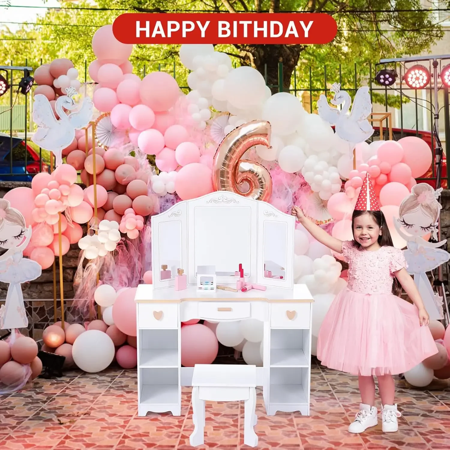 مجموعة الأميرة فانيتي للأطفال طاولة مكياج بيضاء مع مقعد مرآة وإكسسوارات مكياج خشبية لغرفة نوم الفتيات ومكتب الأطفال