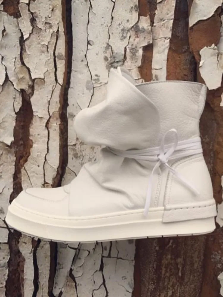 Korean Style Genuine Leather Round Toe Cross-Tied Ankle Boots Solid Color Cowhide Male Height Increase High Top Footwear
