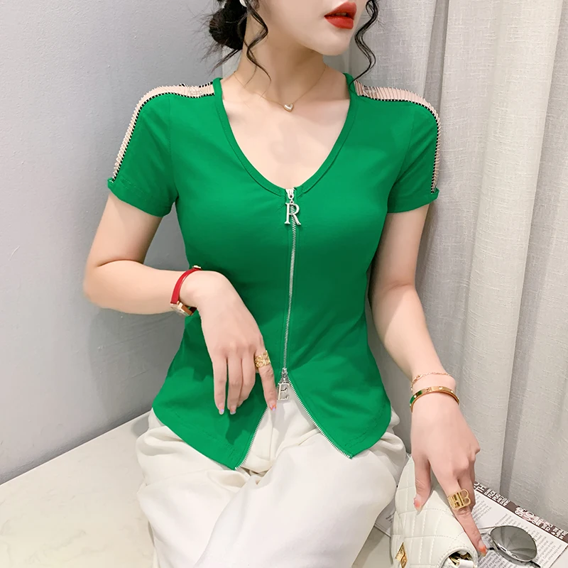 2023 Summer Korean Clothes Cotton T-Shirt Chic Sexy Double Zipper Women Tops Short Sleeve Patchwork Hollow Out Chain Tees 33062