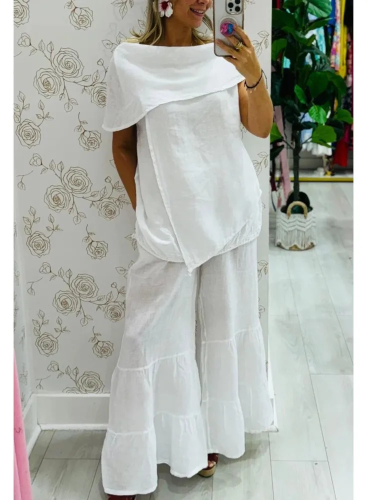 Moda feminina confortável casual solto terno primavera e outono elegante em torno do pescoço superior calças de deslocamento de perna larga conjunto de duas peças