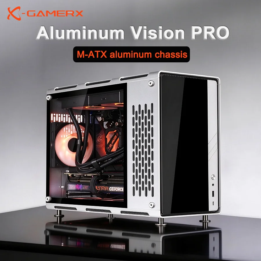 Power Train Aluminum Vision Pro MATX Mesh Computer Case Support 360 Water Cooler Aluminum Alloy Side transparent Gaming Case