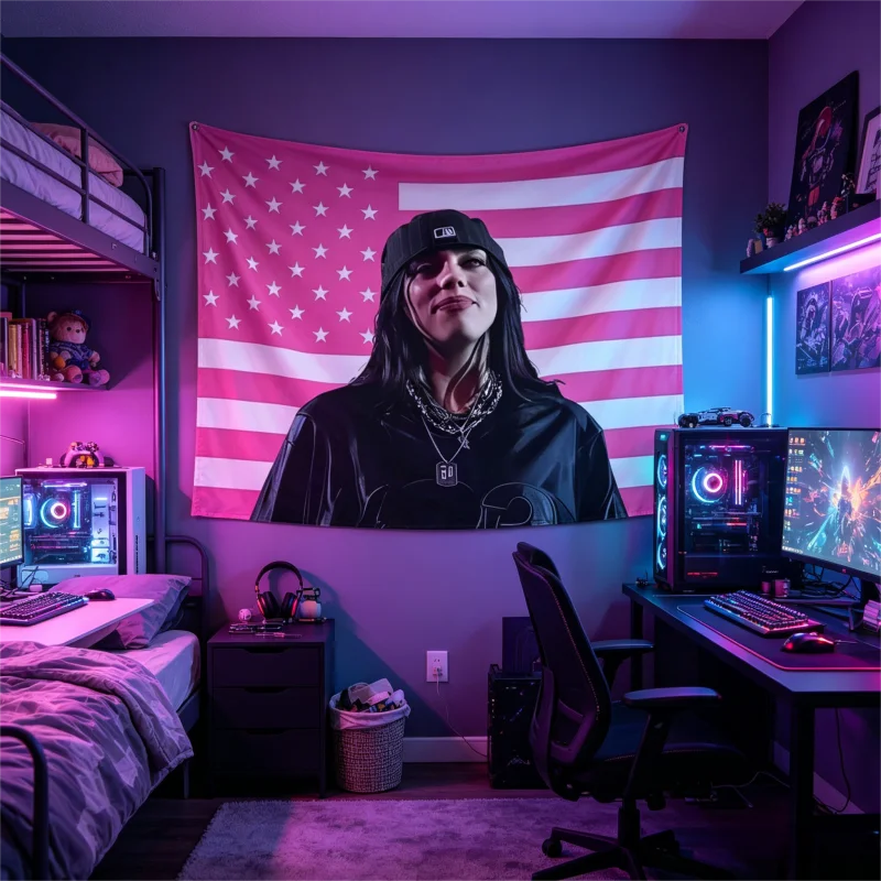 VIKAMA Billie Eilish Wandteppich im Hip-Hop-Stil, amerikanische Flagge, Wandbehang, für Fans, Schlafzimmer, Wohnzimmer, Heimdekoration