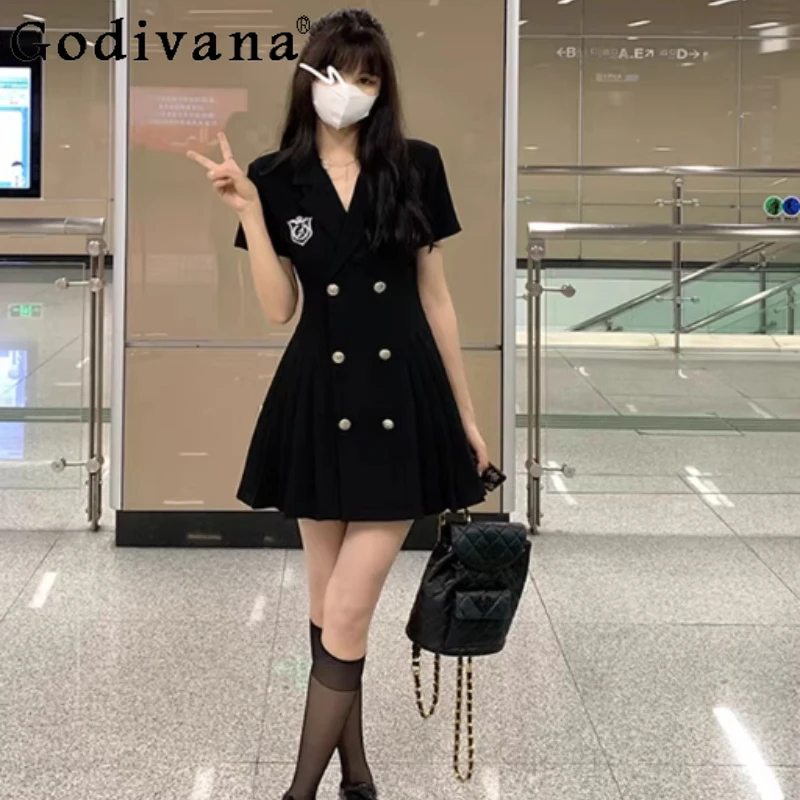 

Spring Summer Sweet Korean Elegant V-neck Short Sleeve Bow Lace-up Dress Cute Girl College Sexy Black High Waist Pleated Dresses
