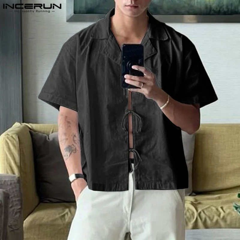 INCERUN الرجال قميص بلون التلبيب قصيرة الأكمام الدانتيل يصل ملابس الرجال غير رسمية الشارع الشهير 2025 الصيف موضة الذكور القمصان S-5XL #4