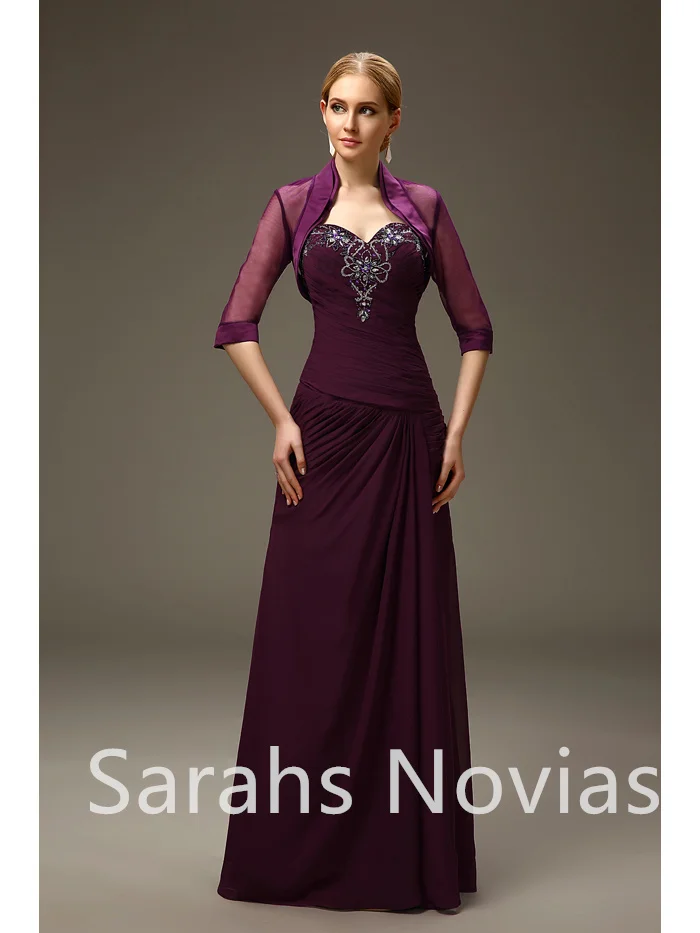 Grape Purple Chiffon Long Mother Of The Bride Groom Dresses Suits For Wedding Two Pieces Beading Women Dress With Bolero Jackets