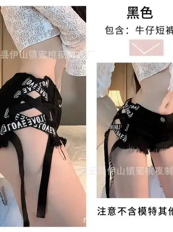 Sexy Jeans Ultra Short Sexy Side Straps Women's Shorts Ripped Denim Hot Pants Fashion Women Shorts 2025 New Kroean POD8