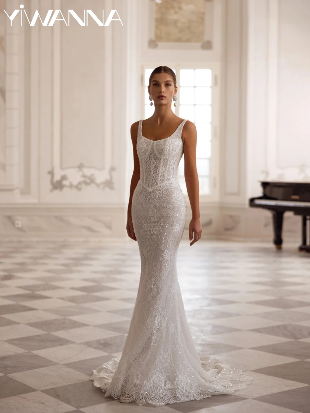 

Exquisite Beaded Lace Mermaid Long Wedding Dress Graceful Square Neck Bridal Gown Customized Sleeveless Dresses For Bride