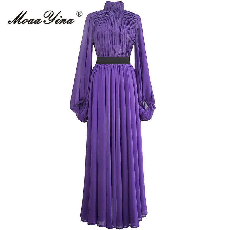 MoaaYina Autumn Fashion Designer Purple Elegant Party Dress Women Stand Collar Long Sleeve Elastic Waist Slim Pleated Long Dress