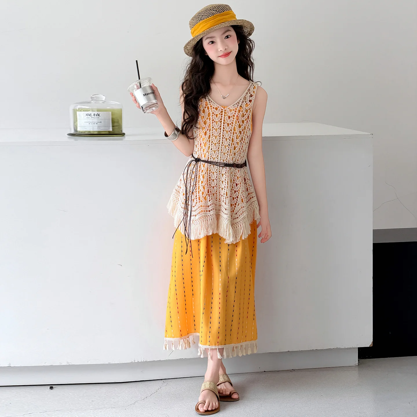 Girls 2026 Summer Vacation Style Sleeveless Cover Up Dress Set Strapless Girl Long Dress