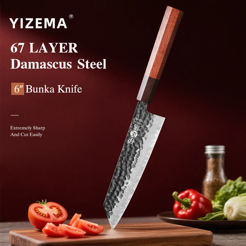 YIZEMA 6-inch Japanese Bunka Chef Knife Damascus Steel Sharp Cut Meat Vegetable Cleaver Hand Forged Professional Kitchen Knives