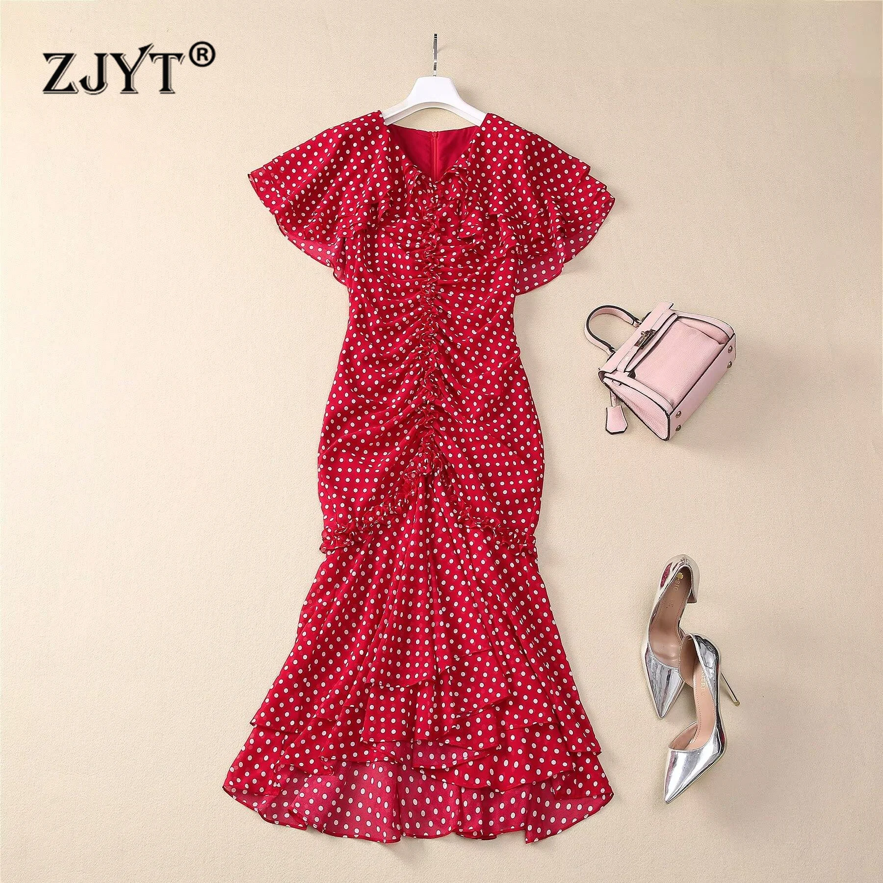 

ZJYT Runway 2025 New Fashion Butterfly Sleeve Dot Mermaid Dresses for Women Elegant Vintage Midi Holiday Party Dress Red Black