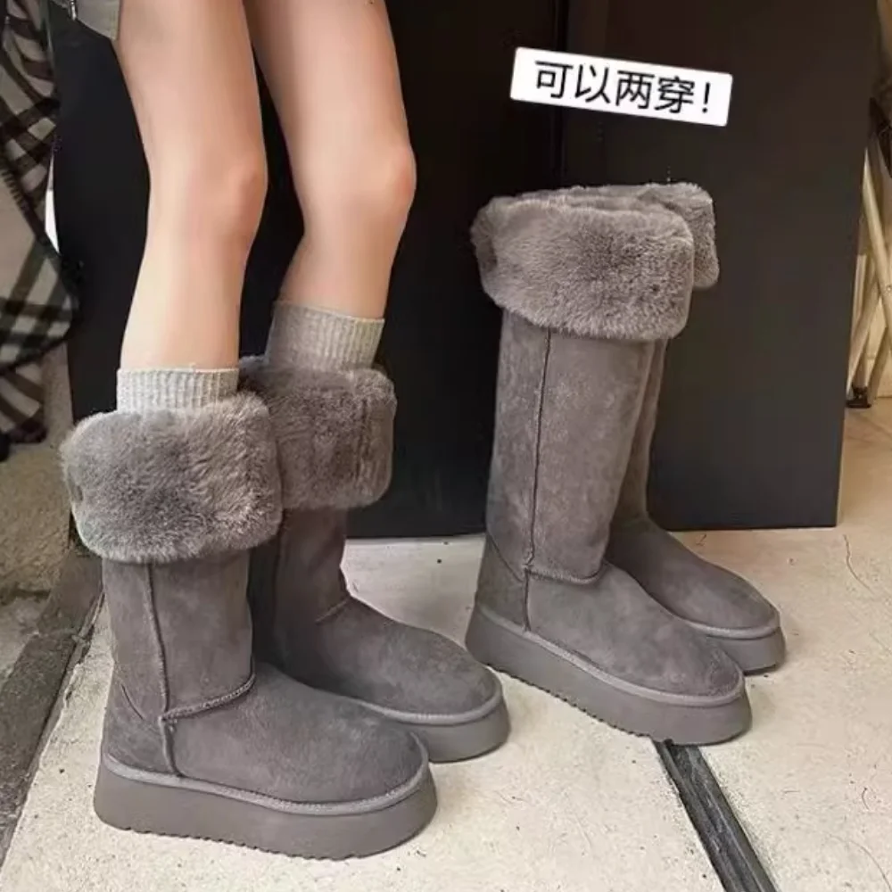 

Turned-over Edge Knee-high Snow Boots Flat with Slip-on Ladies Shoes 2025 High Quality Round Toe Mid Heel Concise Women's Boots