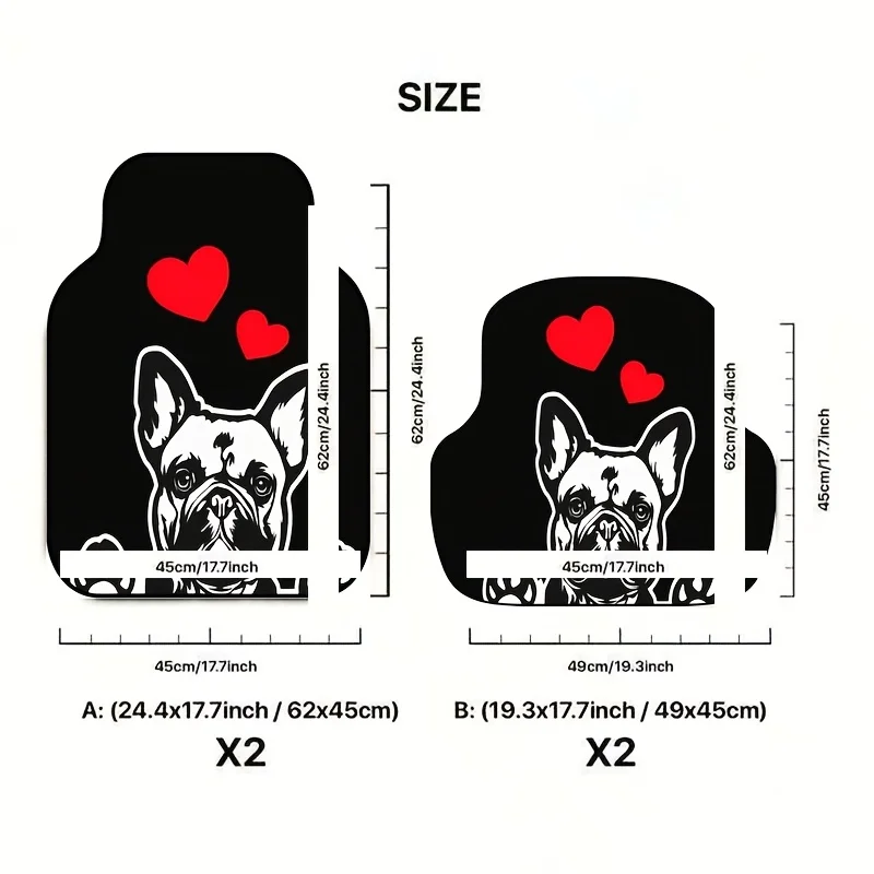 4pcs French Bulldog Pattern Car Floor Mats | Polyester, Universal Fit, Washable, Durable, Easy To Clean, Suitable For All Season