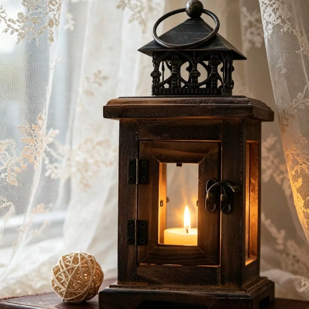 Iron Retro Tea Lamp Candle Holder Hanging Garden Decoration Wooden Candle Holder Living Room Anti-corrosion