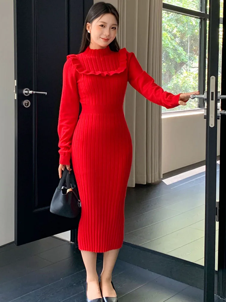 Automne hiver femmes rouge volants tricot robe moulante femme à manches longues mince solide pull dames mode gaine longues robes