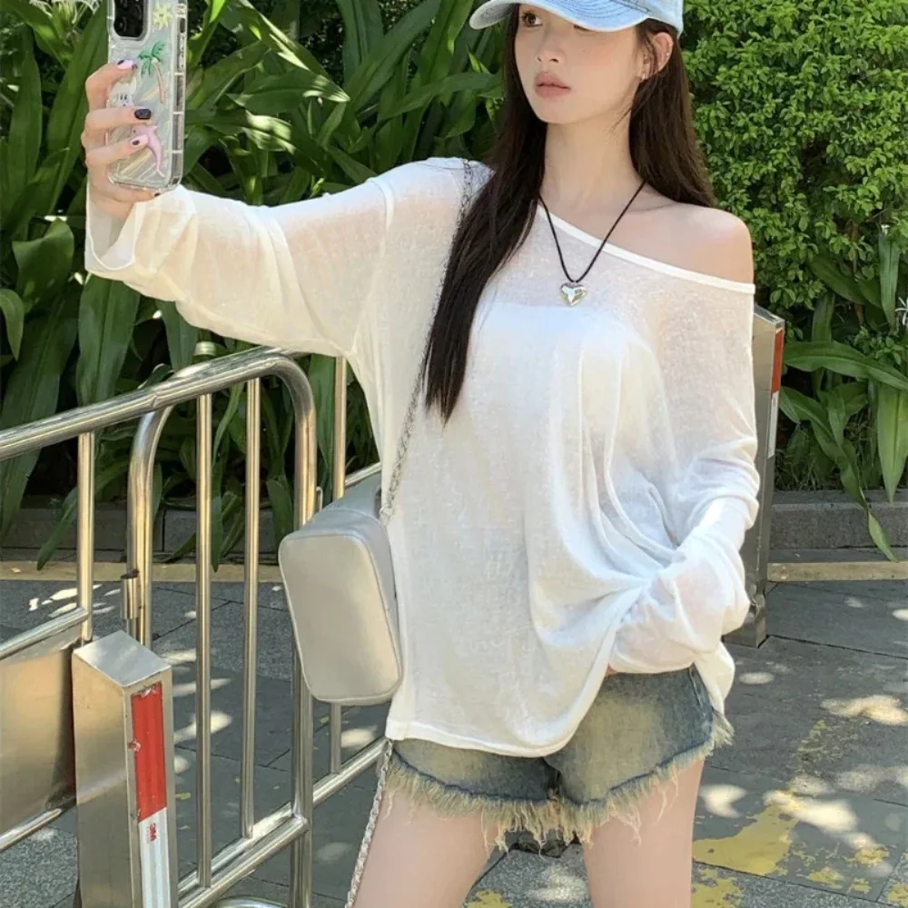 Summer T-shirt Women Beach Thin See Through Oversize Tees Korean Chic White Top High Street Casual Long Sleeve Shirts image 5