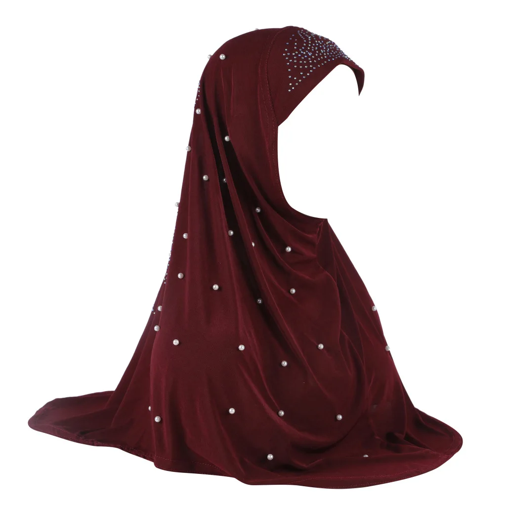 

High Quality Medium Size 70*60cm Muslim Amira Hijab with Rhinestones Beads Pull On Islamic Instant Scarf Head Wrap Pray Scarves