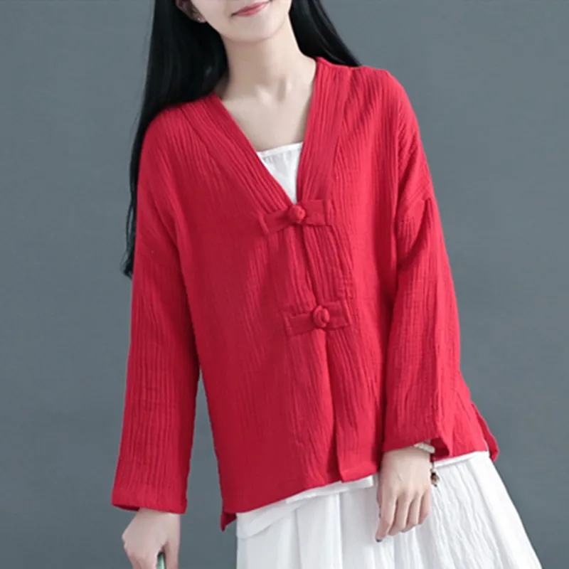 2024 Autunm Women Casual Long Sleeve Cotton Linen Loose Blouse Spring V Neck Pleat Cardigan Chinese style Vintage shirt tops