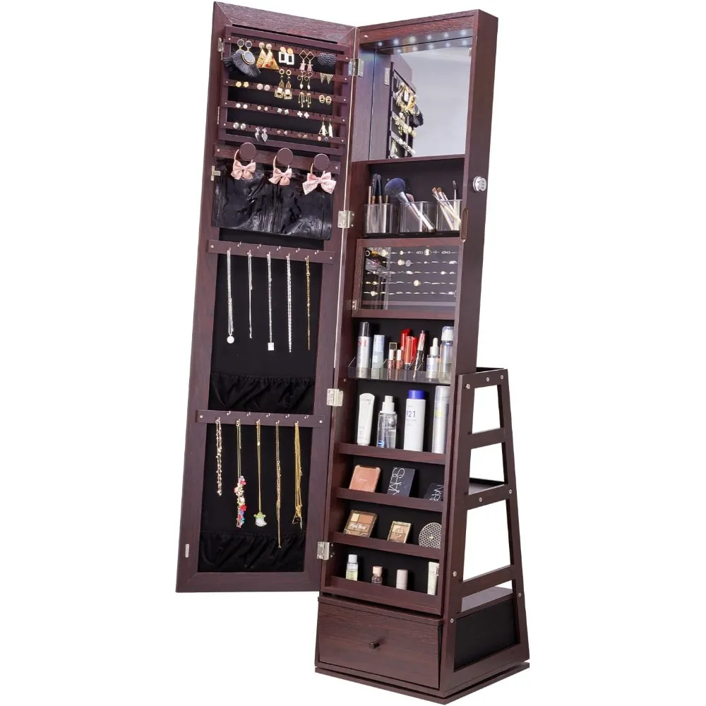 Swivel Jewelry Cabinet Armoire, 63-Inch Tall Lockable Jewelry Organizer with Full-Length Mirror, LED Light, Velvet Lining