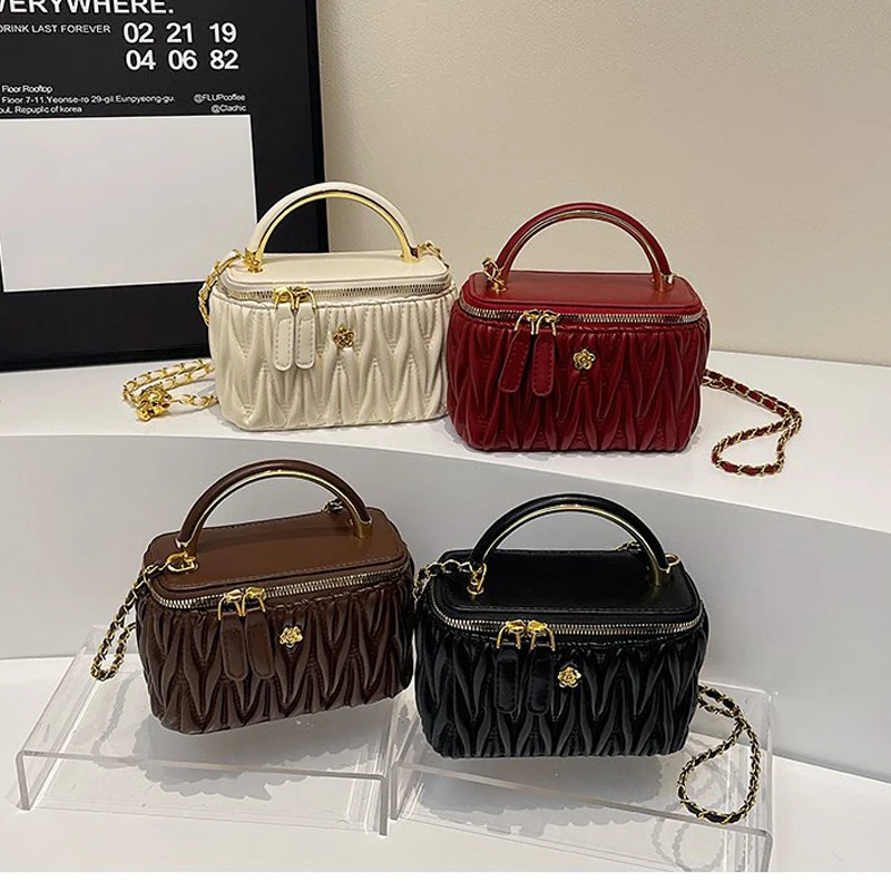 

Spring 2025 new pleated tote bag Women's bag top-handle bags lunch box bag lady luxury chain shoulder bags crossbody sling bag