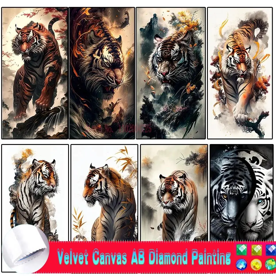 대형 숲 호랑이 풍경 AB 벨벳 캔버스 다이아몬드 페인팅 풀 드릴 5d 다이아몬드 자수 모자이크 동물, 큰 고양이 집 장식