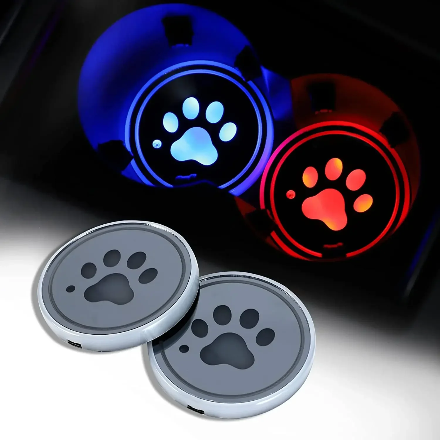 2pack LED Cup Holder Lights, Dog Paw Car Coaster With 7 Colors Changing USB Charging Mat, Luminescent Cup Pad Interior Atmospher