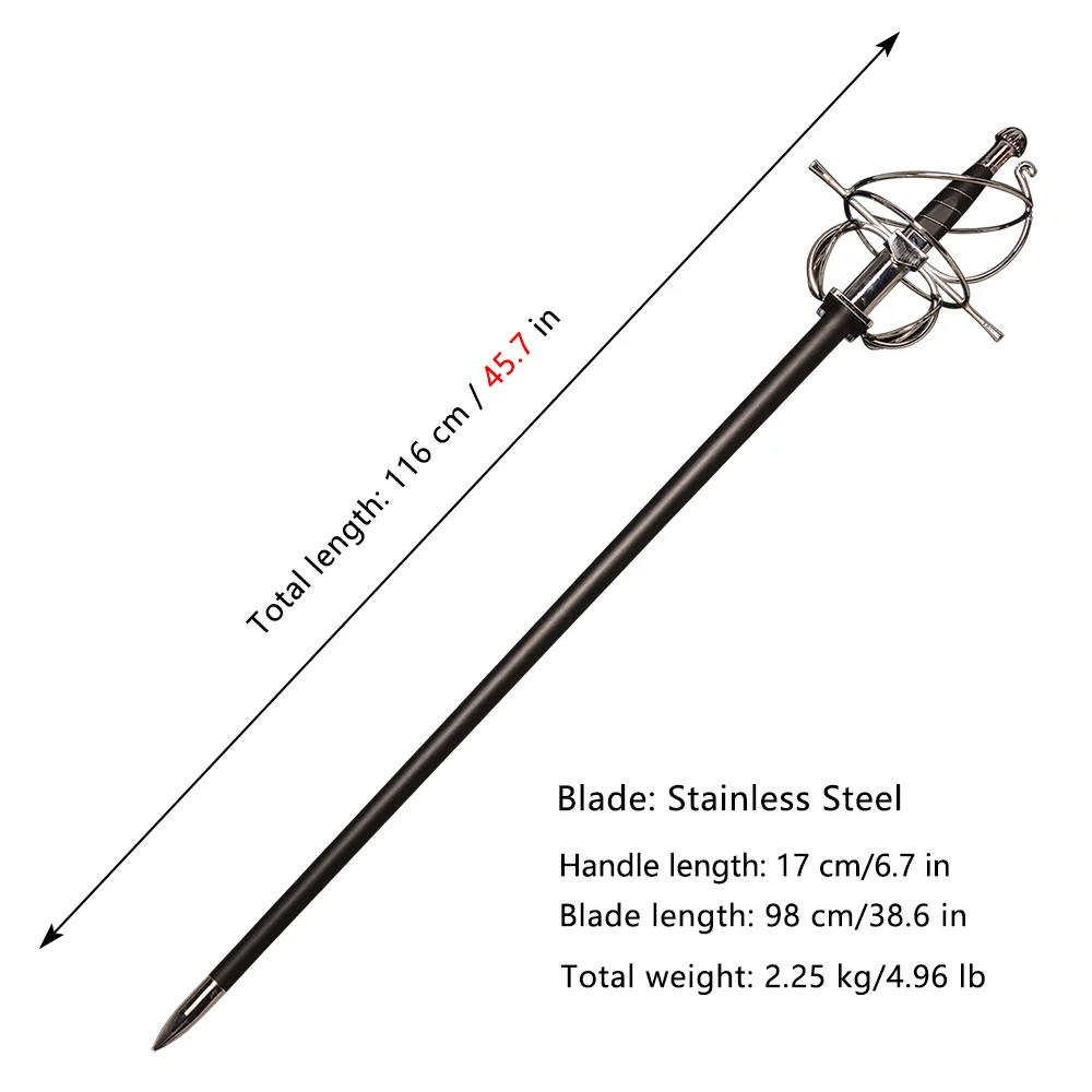 Espada de esgrima italiana espiral renascentista de 45,7 polegadas para cosplay, coleção, presentes