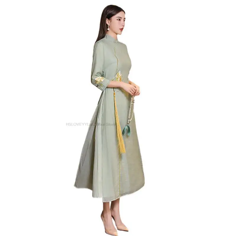 Cheongsam de estilo chino para mujer joven, vestido largo bordado, temperamento diario modificado, Vintage, Vietnam, Ao Dai, Qipao