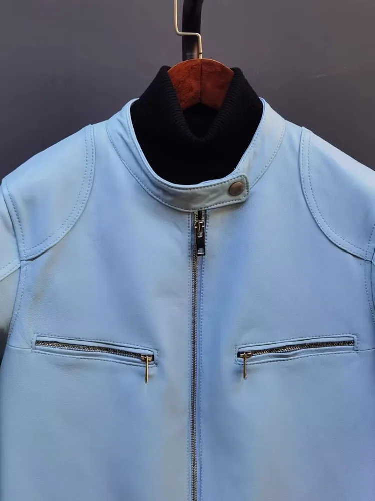 Moda autunno donna pelle di pecora giacca in vera pelle colletto alla coreana cerniera motociclista cappotto antivento giacche punk slim fit