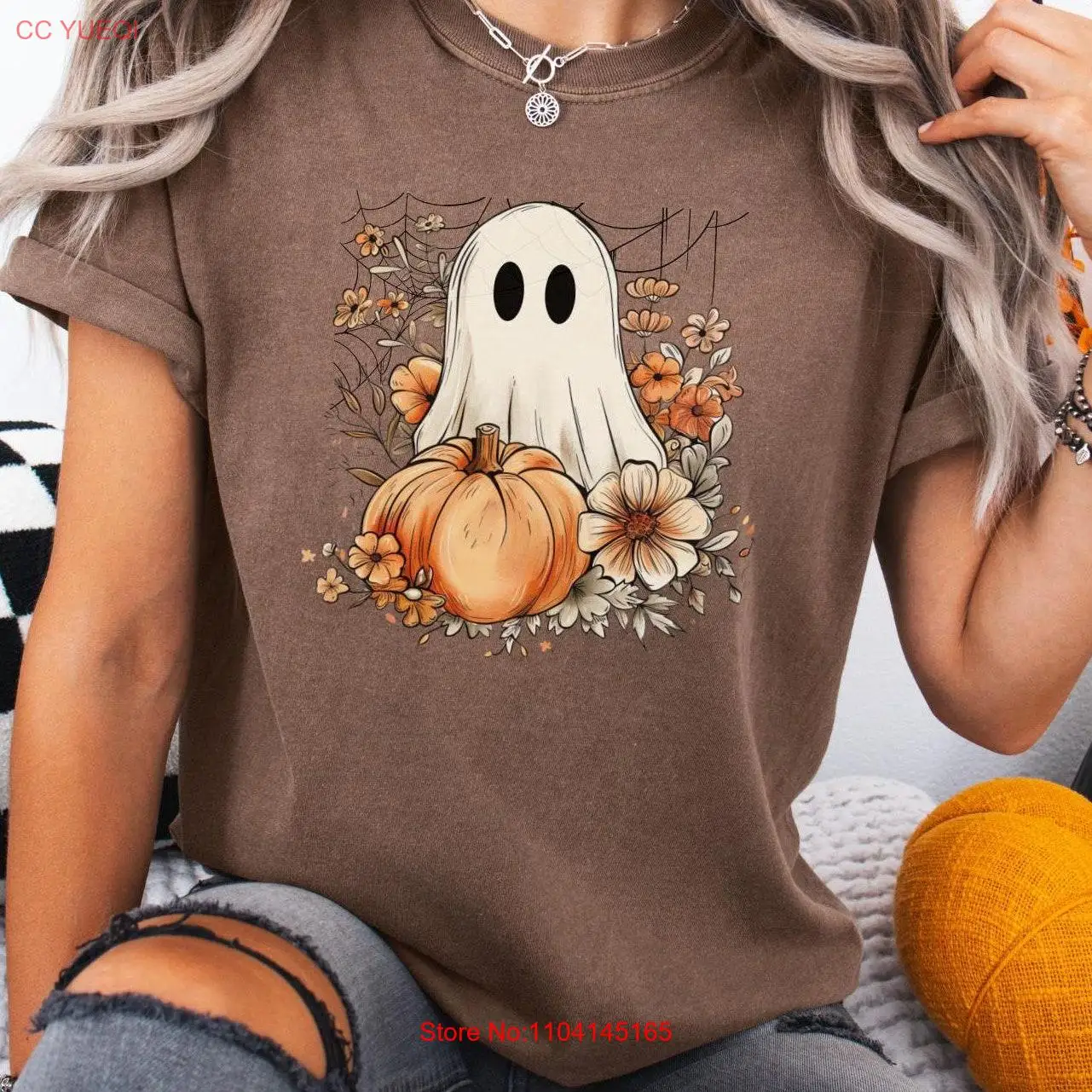 Vintage Ghost T shirt Halloween Women's Comfort Colors Expresso Pumpkin Boho Relaxed FiT Spooky Season