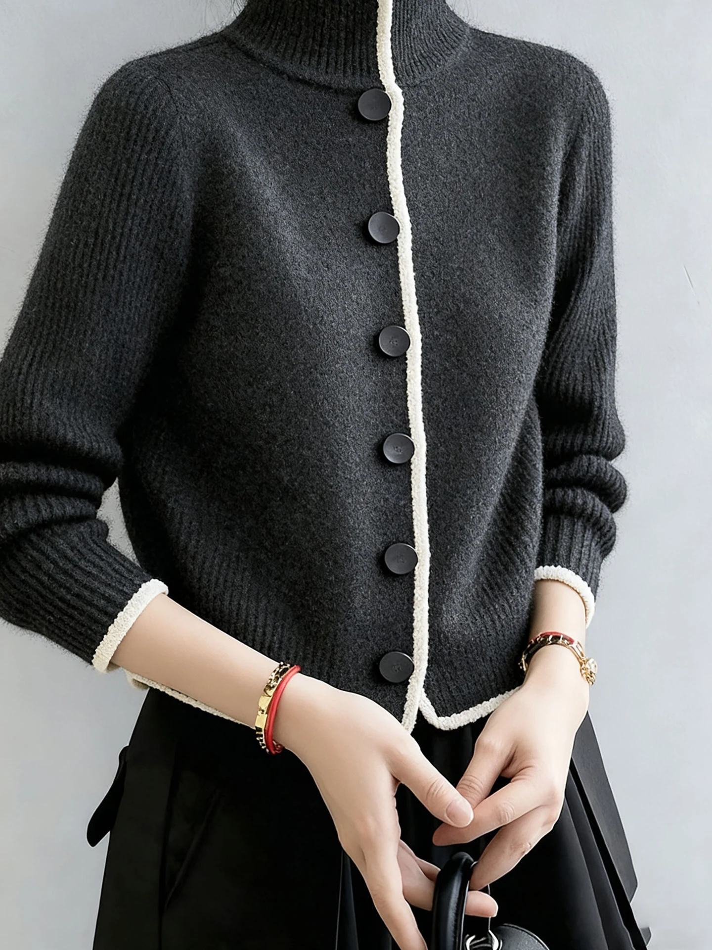 

Thiened Long Sve High Collar Single Button Cardigan Winter Commute Simple Knitted Warm Top Coat for Women