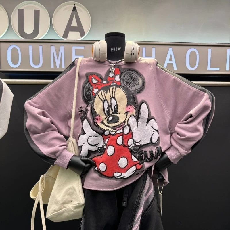 Autumn New Heavy Beaded Cartoon Crew Neck Sweatshirt Women's Loose Casual Pullovers Top Long-sleeves Sudaderas Streetwear Ladies