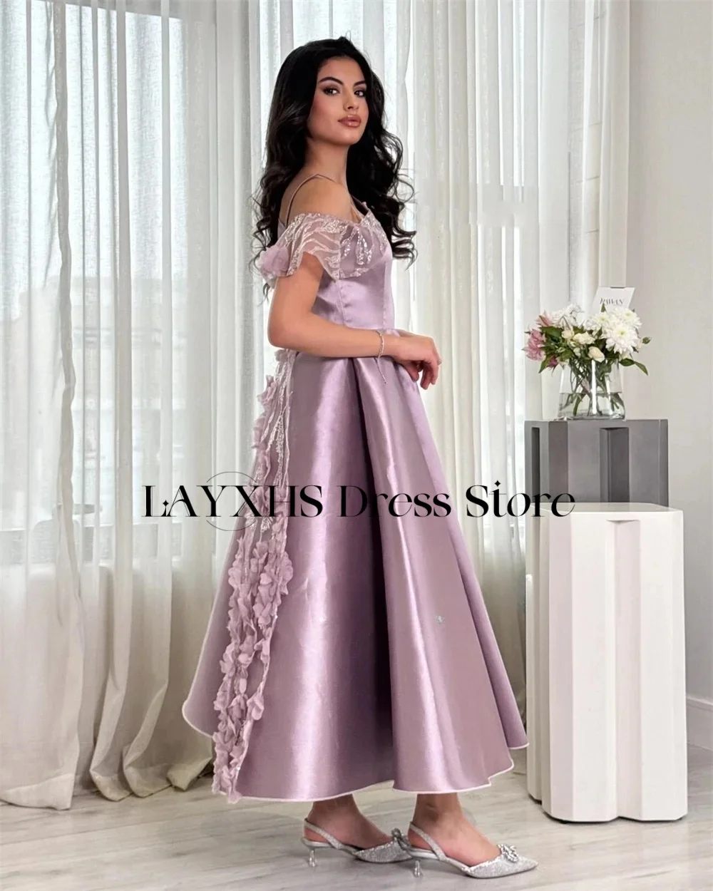 LAYXHS Exquisites One-Shoulder-Abendkleid, A-Linie, Spitze, Blumen, Falten, bodenlang, Ballkleid, individuell gestaltet