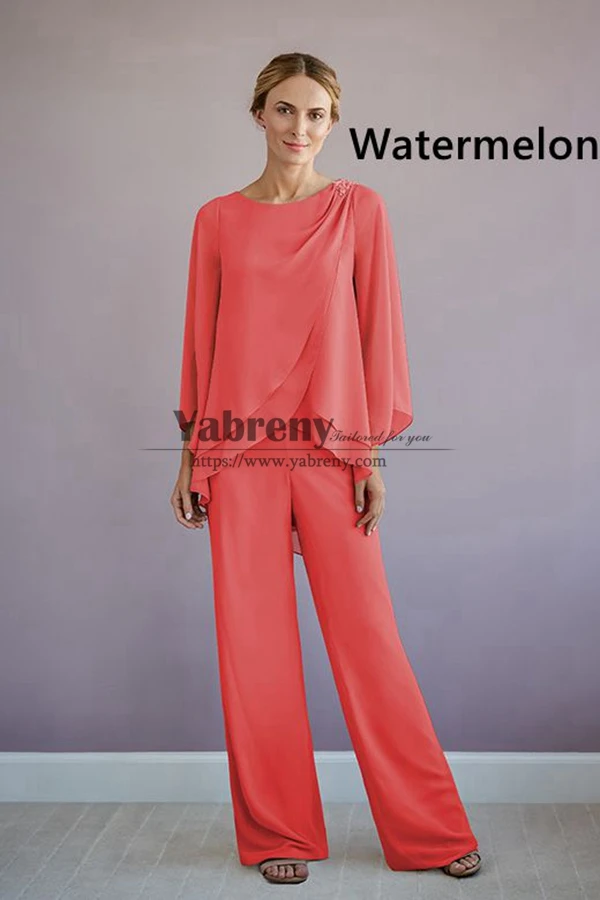 

2 Piece Spring Mother of the Bride Pant Suits, Watermelon Chiffon Groom Outfits for Wedding Guest