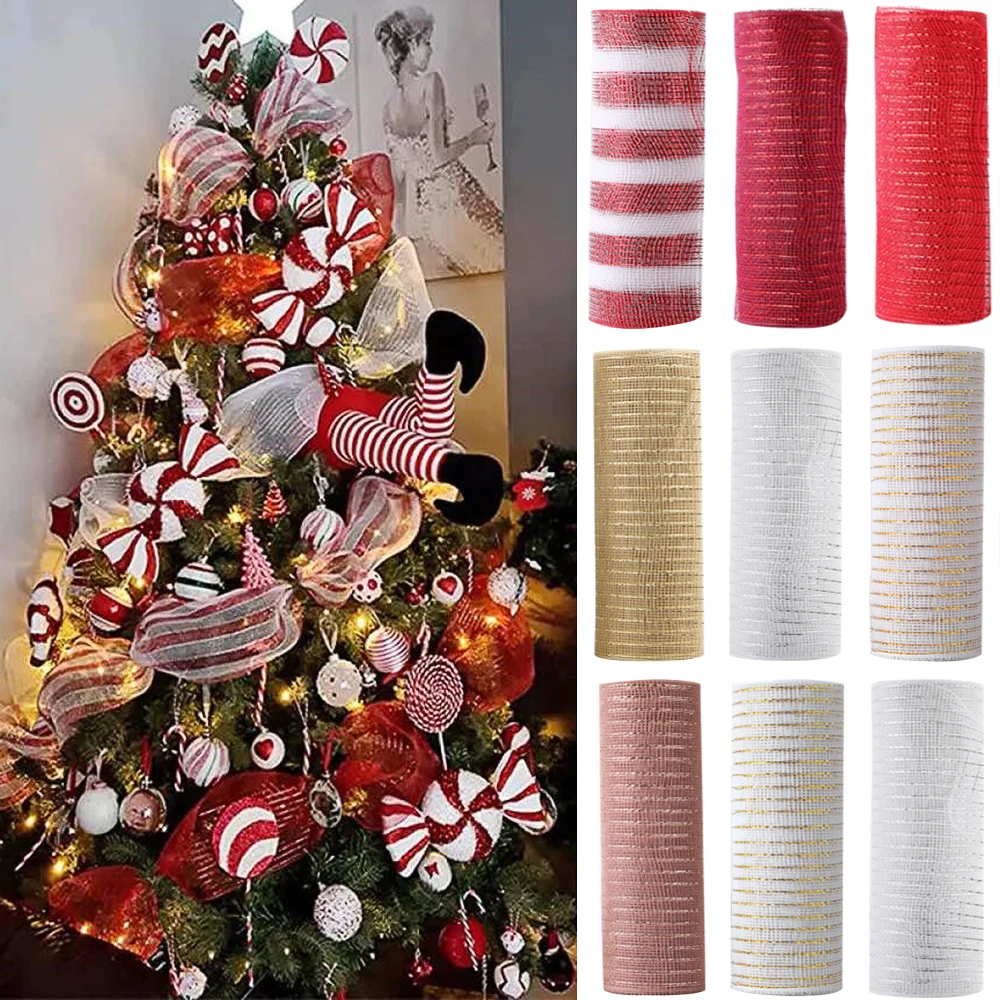 

26CM 10 Yards DIY Red White Candy Cane Decoration Gold Handmad Christmas Wreath Tree Mesh Ribbon Xmas Ornament Navidad Gift 2024