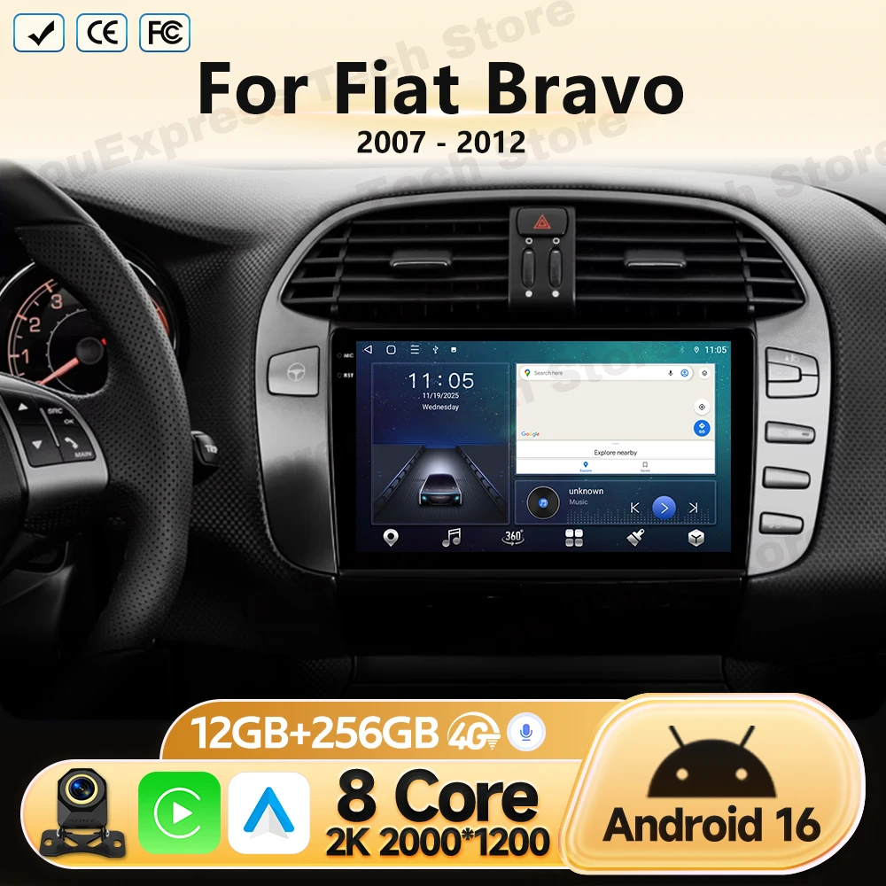 Android 16 For Fiat Bravo 2007 2008 2009 2010 2011 2012 Head Unit GPS Navigation Multimedia Video Player Stereo Car Radio No DVD