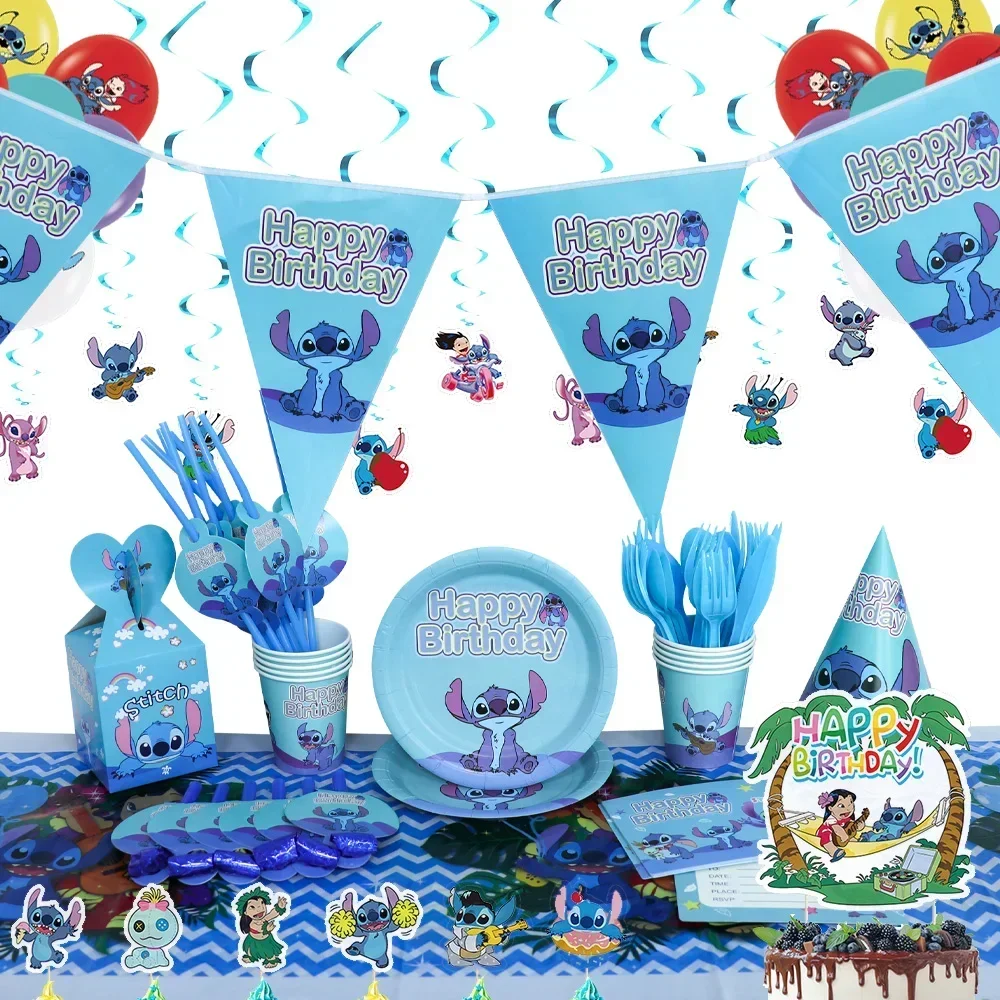 Blue Lilo Stitch dekorasi sekali pakai set piring serbet untuk pesta ulang tahun pesta bayi selamat tinggal makan acara rumah pernikahan