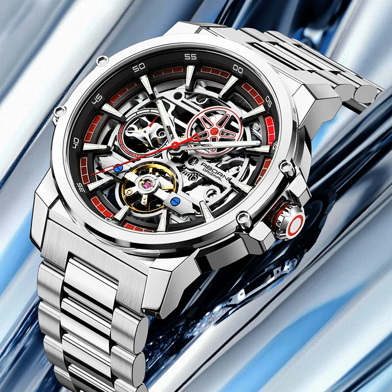 ABORNI 9039 Unique Design Skeleton Dial Tourbillon Men Watch Stainless Steel Waterproof Luxury Automatic Mechanical Men's Watch view 2