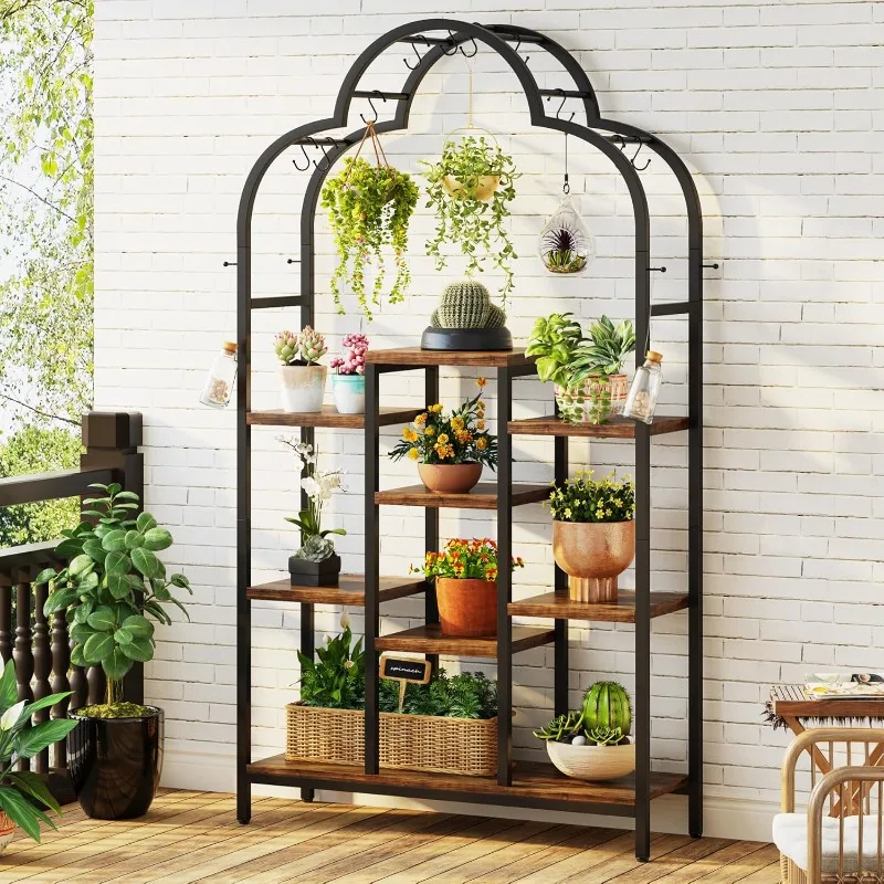 6-Tier Tall Indoor Plant Stand, 74.8'' Arched Metal Flower Shelf with Hanging Hooks, Large Bonsai Pots Display Rack for Garden