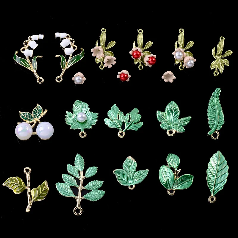 

50PCS New Gold tone Alloy Material Enamel Pearl Leaf Branch Flower Charm for DIY handmade Jewelry Making Wholesale