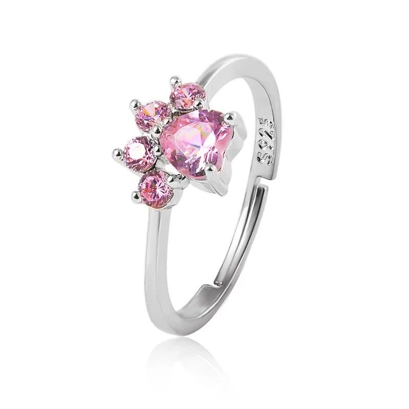 1 Piece Women Cute Cartoon Open Adjustable Finger Ring Cat Claw Cat Paw Print Crystal Ring Zircon Ring for Women