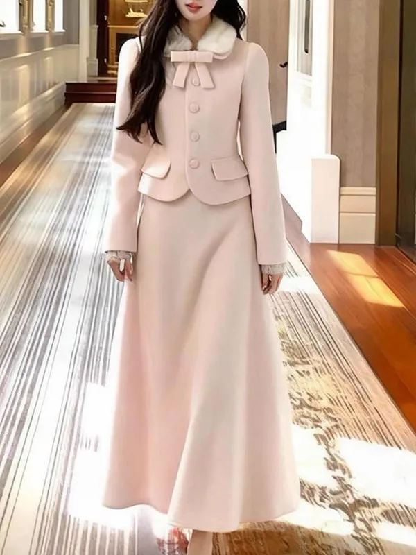 

Elegant Pink Woolen Suit High Waist A-Line Skirt Two-Piece Set for plus Size Women Autumn Winter Fashion Casual Wear